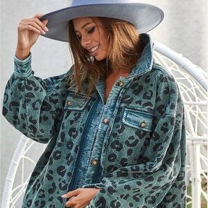 Vintage Bibi Washed Leopard Corduroy Button up Jacket Womens L Raw Hem Boho Blue